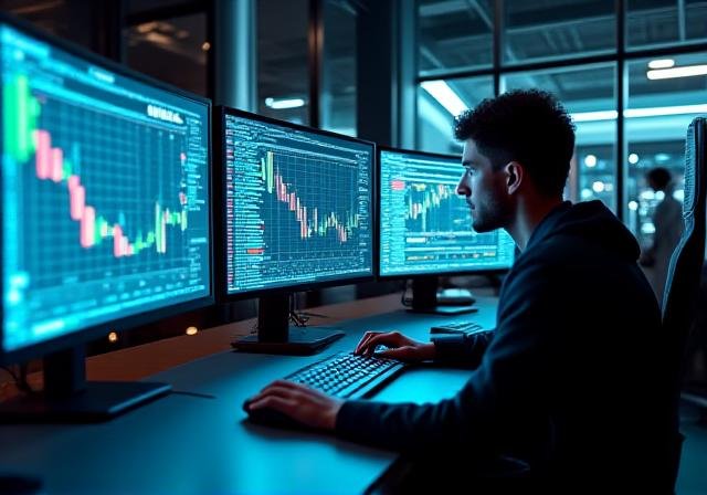 Sophisticated algorithmic trading terminal displaying real-time data and execution code