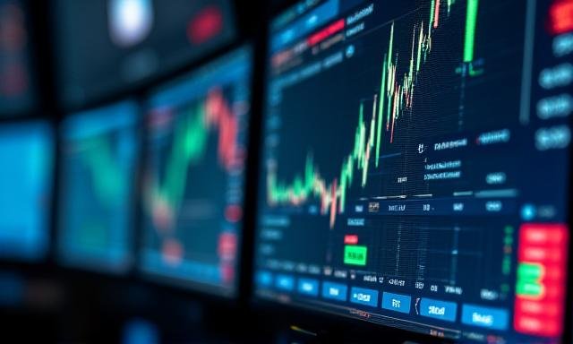 Close up of professional trader monitors showing risk heatmaps