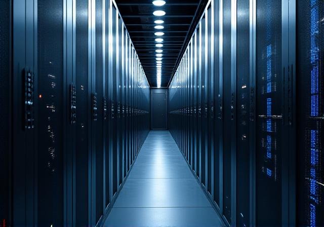 Modern server room with blue neon lighting representing HFT infrastructure